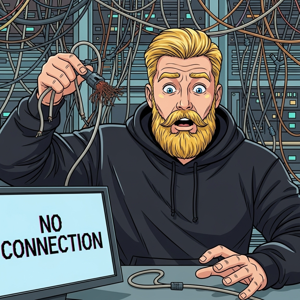 A hacker discovering a broken cable.